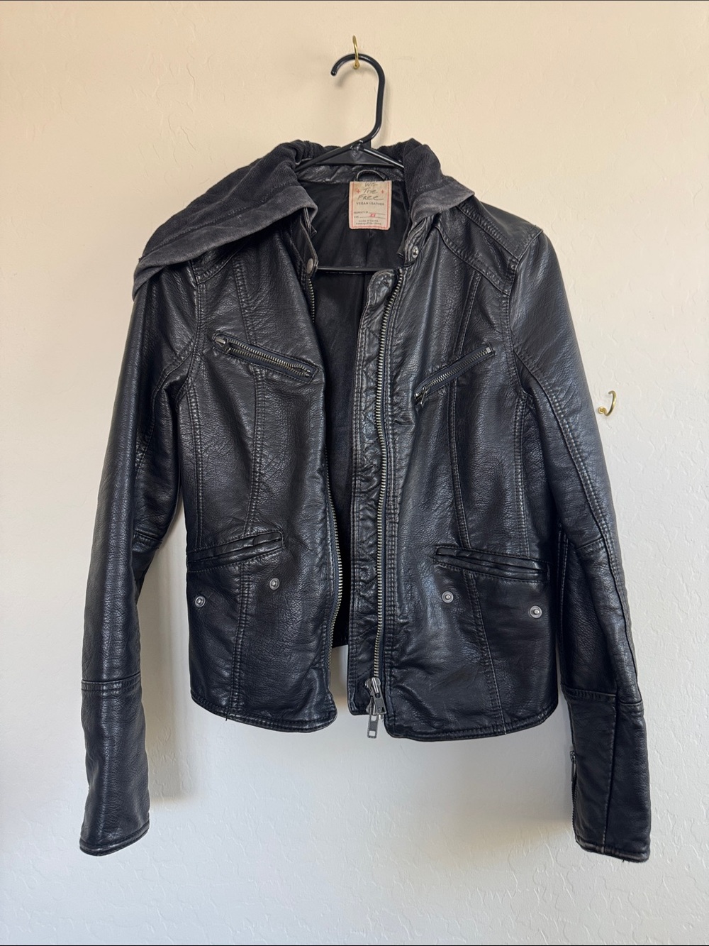 We The Free Black Leather Bomber Jacket with Hood